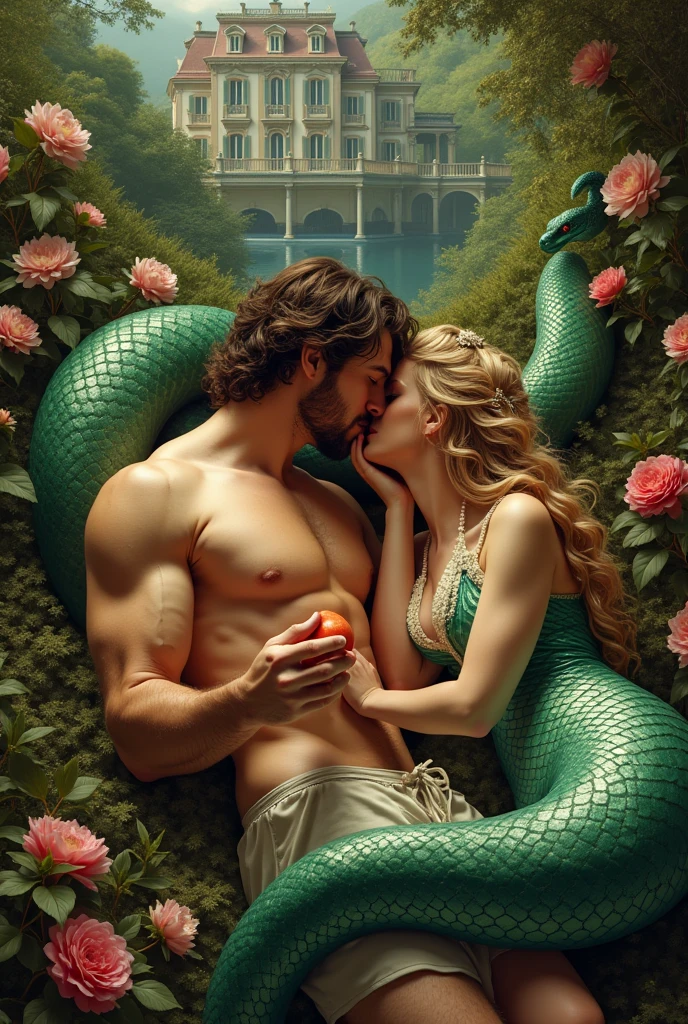Adam is spooning Eve in the lush french garden with a french mansion background. Eve is feeding Adam the forbidden fruit. Behind Eve is a large green snake with red eyes. Adam is an attractive handsome muscular man, fully naked. Eve is a mermaid, seductive , sexy and fully naked. Penis and treats visible. Cum splatter. Lustful, climaxing, ejaculating, money shot scene.