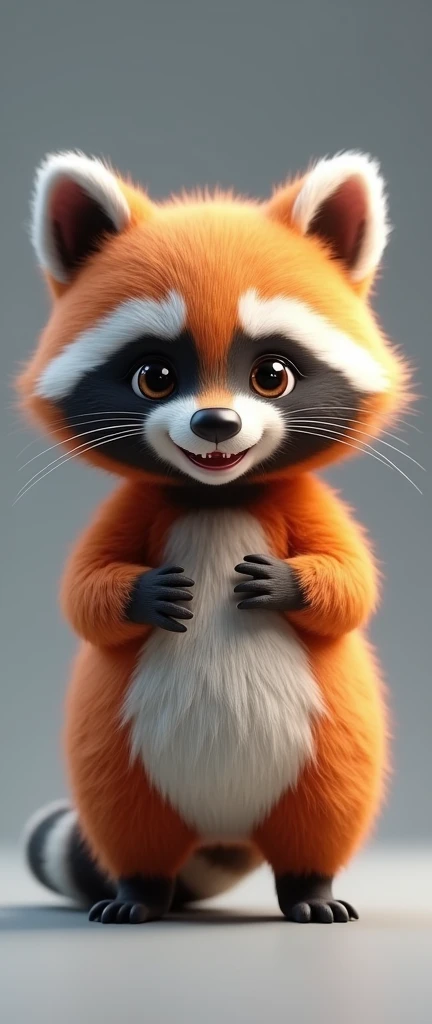 Fascinating, 美味しくふわふわな子アライグマの高品質3D Rendering, Exudes cuteness and charm. Raccoons are round, With a plump body、It is softly covered, Vibrant fur and gentle, Small teeth peek out from a slightly open mouth. Its big, Expressive round eyes sparkle, and、Those rosy cheeks are charming. Raccoons stand upright on all fours, Place your hands gently at your sides, She exudes a charming and friendly aura.. The calm grey background、It highlights the raccoon's vibrant colors and textures., Creating visually striking and conceptually unique work., photograph, Conceptual Art, 3D Rendering