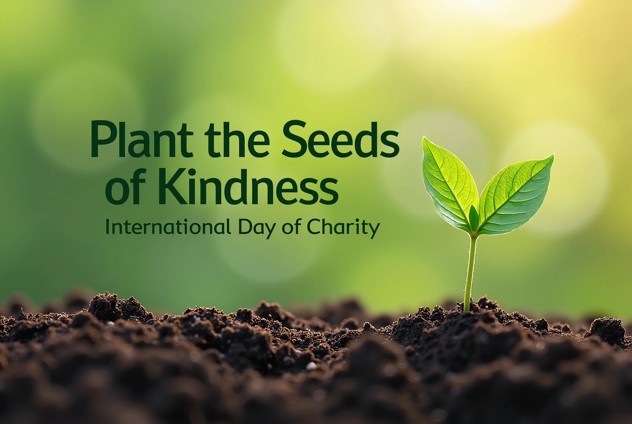 Single Leaf Symbolizing Growth: A single green leaf sprouting from the ground, symbolizing the growth and impact of charity, with the text "Plant the Seeds of Kindness - International Day of Charity" in green and black.