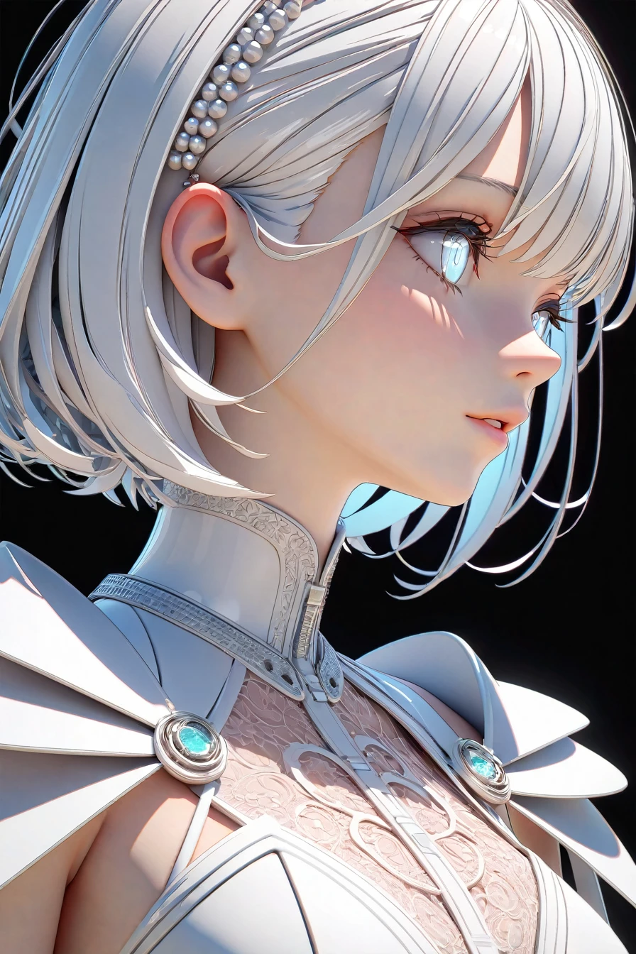 Highest quality,A perfect masterpiece,Perfect artwork,Official Works,8k,, (Upper body portrait:1.3),((View from the side:1.5)),Close-up lens,Delicate face,, ,White Haired Girl,(hakuhatsu:1.5),Short and medium hair,((White, clear eyes:1.5)),(White Dress:1.2),(Transparent clothing:1.2),(Black background:1.3),, The illusion of pearls,cyber punk,Fashion Trends,3s material,High resolution,Detailed Expression,C4D,3d,Octane Rendering,Ray Tracing,Intricate details,Animation lighting,OCrenderer,