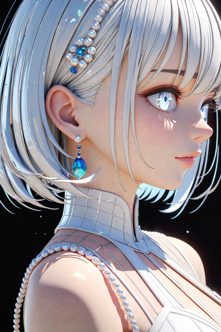 Highest quality,A perfect masterpiece,Perfect artwork,Official Works,8k,, (Upper body portrait:1.3),((View from the side:1.5)),Close-up lens,Delicate face,, ,White Haired Girl,(hakuhatsu:1.5),Short and medium hair,((White, clear eyes:1.5)),(White Dress:1.2),(Transparent clothing:1.2),(Black background:1.3),, The illusion of pearls,cyber punk,Fashion Trends,3s material,High resolution,Detailed Expression,C4D,3d,Octane Rendering,Ray Tracing,Intricate details,Animation lighting,OCrenderer,