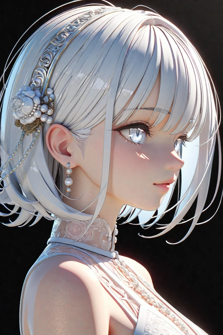 Highest quality,A perfect masterpiece,Perfect artwork,Official Works,8k,, (Upper body portrait:1.3),((View from the side:1.5)),Close-up lens,Delicate face,, ,White Haired Girl,(hakuhatsu:1.5),Short and medium hair,((White, clear eyes:1.5)),(White Dress:1.2),(Transparent clothing:1.2),(Black background:1.3),, The illusion of pearls,cyber punk,Fashion Trends,3s material,High resolution,Detailed Expression,C4D,3d,Octane Rendering,Ray Tracing,Intricate details,Animation lighting,OCrenderer,
