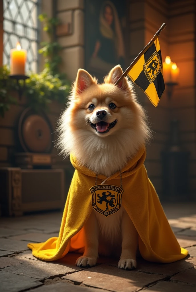 Beige German Spitz dog at Hogwarts wearing Hufflepuff house uniform cape holding Hufflepuff house flag