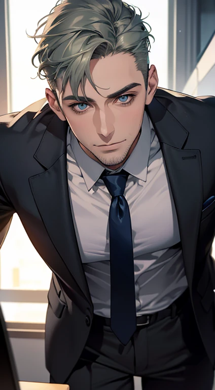 (best quality,4k,8k,highres,masterpiece:1.2),ultra-detailed,(realistic,photorealistic,photo-realistic:1.37),1 man,31 years old,mature man,very handsome,without expression,smile,short grey green hair,blue eyes,penetrating gaze,perfect face without errors,imposing posture,businessman,office background,cinematic lighting,hdr image