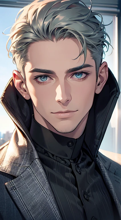 (best quality,4k,8k,highres,masterpiece:1.2),ultra-detailed,(realistic,photorealistic,photo-realistic:1.37),1 man,31 years old,mature man,very handsome,without expression,smile,short grey green hair,blue eyes,penetrating gaze,perfect face without errors,imposing posture,businessman,office background,cinematic lighting,hdr image