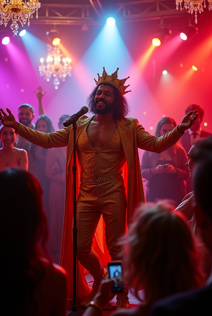 

The scene takes place at a glamorous, brightly lit party., where the atmosphere is vibrant and full of enthusiasm. In the center of the image is a person representing the sign of Leo., which is clearly the center of attention. They are wearing a bright and extravagant costume, perhaps adorned with an imposing crown, that reflects the sparkling lights of the party.

Lion stands on a small improvised stage or a prominent space in the room, holding a microphone with a confident and dramatic posture. they are singing "Bohemian Rhapsody" with an energy and passion that transforms the moment into a memorable performance, as if it were a solo concert. The crowd around is fascinated, with some guests clapping and others recording with their cell phones.

The image also captures moments of dramatic speeches and grand poses.. When someone comments "What a beautiful dress!", Lion strikes an elaborate pose and makes a statement full of charm and theatricality, perhaps extending his arms or bowing with a satisfied smile. 

The party decoration is sophisticated, with details such as velvet curtains, bright lights and maybe a red carpet, reflecting the transformation of any ordinary moment into an Oscar-worthy event. The environment is full of impressed and excited people, highlighting the magnetic impact of Leo.