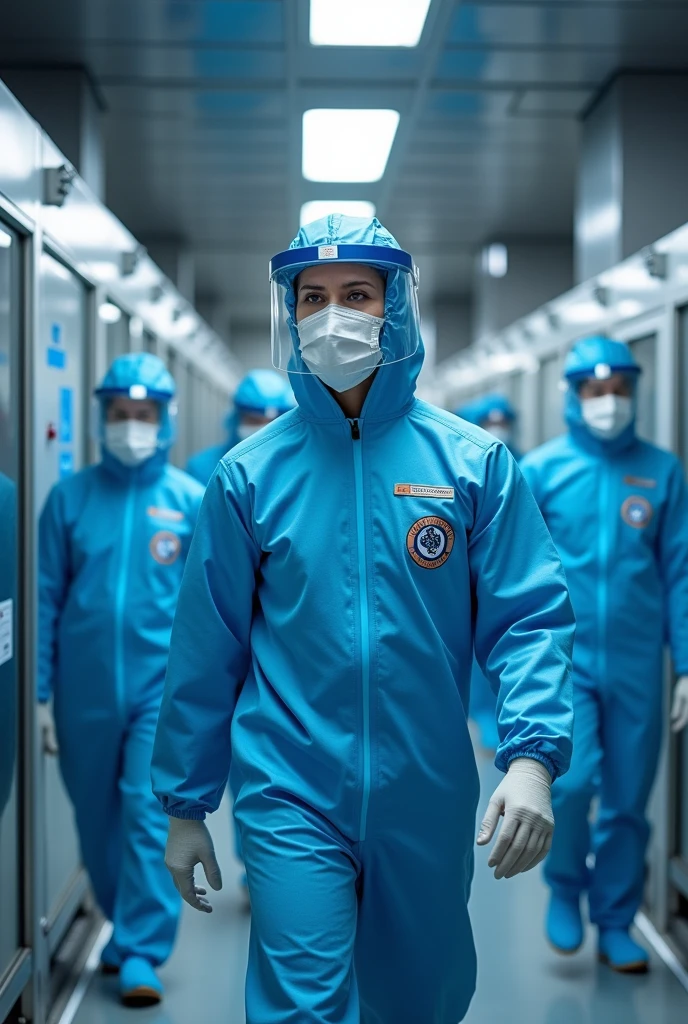 I want a not so animated image of blue-uniformed cleaning characters wearing their biosecurity clothing for a level 4 laboratory