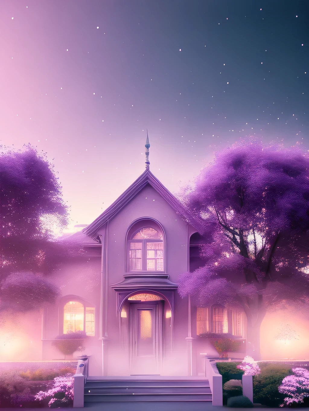 a lilac dreamy house, living room, foggy, soft focus, cool lighting, muted pastel colors, glowing atmosphere, dramatic shadows, cinematic composition, dream-like quality, ethereal, romantic, soft focus photography, putple hour, midnight, windy, white marble, whimsical, hazy, ethereal