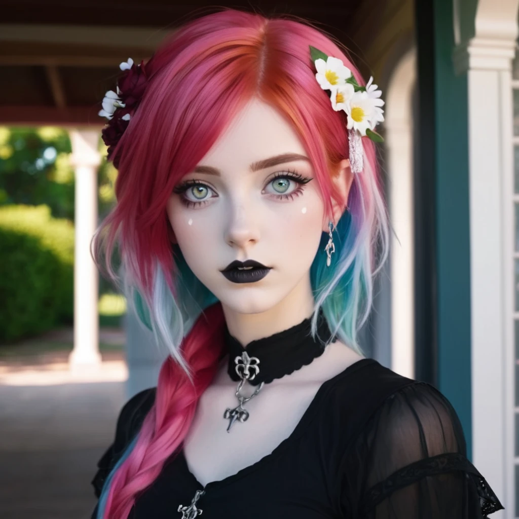 front porch of suburban house, pastel goth, sexy goth girl, photo of cute 20 year old Italian redhead women, bare foot, short skirt, standing, full body picture, no lipstick, cinematic shot, photorealistic, cute face, looking at the viewer, photography, white rainbow hair, detailed skin, sexy goth girl, face blush, front porch of suburban house, pastel goth, sexy goth girl, photo of cute 20 year old Italian redhead women, bare foot, short skirt, standing, full body picture, no lipstick, cinematic shot, photorealistic, cute face, looking at the viewer, photography, white rainbow hair, detailed skin, sexy goth girl, face blush. Realistic, perspective, religious or mythological themes, highly detailed