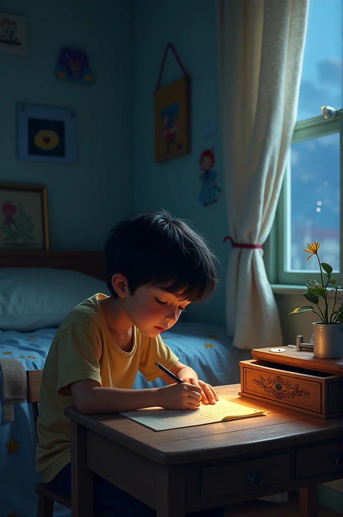 Create an image of the following scene:One night, Tomás decide escribir una carta a su mother. In it she tells him everything she has experienced since she left., how he has made new friends and how the star gives him strength. He ends the letter saying: "I miss you, mother, but I know you are always with me". then, He places the letter in a special box that he keeps under his pillow..