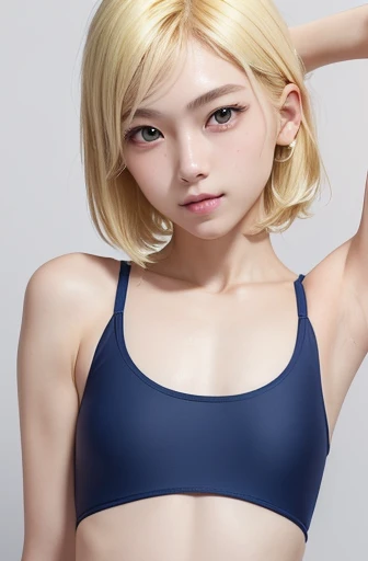 ((cowboyshot:1.3)),armpits,Create a photo of a korean Asian teenager,((beautiful cute idol girl:1.5)), ((blonde  hair:1.5)),yo,narrow eyes:1.5,slim face,slim neck,((thinbody：1.5)),((rasping)),((frat chest)),((clavicle)),((ribs)),((Narrow eyes：1.5))、((Narrow eyes：1.5))、(Thin arms)、(Thin neck)、（Thin lips:1.5）、Smile、Beautiful armpits：1.5,Cute expression、Hairless、((slimarms:1.5)),small face:1.4,(Navy blue new school swimsuit：1.5）,((slimface))