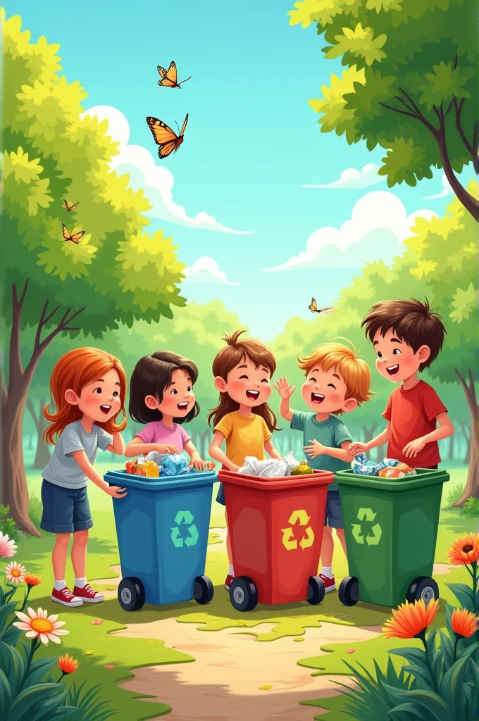 Illustration of children recycling paper, plastic and glass. with bright colors and caring for the environment