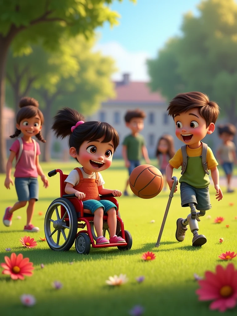 Create an image in the style of Disney Pixar for a campaign about Disability Awareness Week. The scene should feature a group of characters, each with different disabilities, depicted in a joyful and vibrant setting. Include characters with a wheelchair, a white cane, a hearing aid, and a prosthetic limb, all with expressive, happy faces. The characters should be animated with the classic Disney Pixar style—large, bright eyes, exaggerated facial expressions, and soft, rounded features. They should be interacting in a lively environment like a colorful park or a cheerful community space, engaging in activities such as playing games, laughing, and sharing stories. The overall mood should be one of happiness, inclusion, and celebration, with warm, bright colors and dynamic poses.