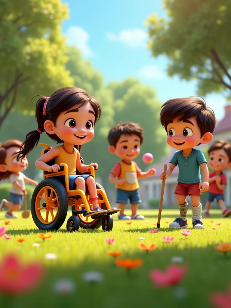 Create an image in the style of Disney Pixar for a campaign about Disability Awareness Week. The scene should feature a group of characters, each with different disabilities, depicted in a joyful and vibrant setting. Include characters with a wheelchair, a white cane, a hearing aid, and a prosthetic limb, all with expressive, happy faces. The characters should be animated with the classic Disney Pixar style—large, bright eyes, exaggerated facial expressions, and soft, rounded features. They should be interacting in a lively environment like a colorful park or a cheerful community space, engaging in activities such as playing games, laughing, and sharing stories. The overall mood should be one of happiness, inclusion, and celebration, with warm, bright colors and dynamic poses.