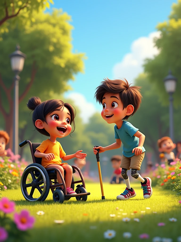 Create an image in the style of Disney Pixar for a campaign about Disability Awareness Week. The scene should feature a group of characters, each with different disabilities, depicted in a joyful and vibrant setting. Include characters with a wheelchair, a white cane, a hearing aid, and a prosthetic limb, all with expressive, happy faces. The characters should be animated with the classic Disney Pixar style—large, bright eyes, exaggerated facial expressions, and soft, rounded features. They should be interacting in a lively environment like a colorful park or a cheerful community space, engaging in activities such as playing games, laughing, and sharing stories. The overall mood should be one of happiness, inclusion, and celebration, with warm, bright colors and dynamic poses.