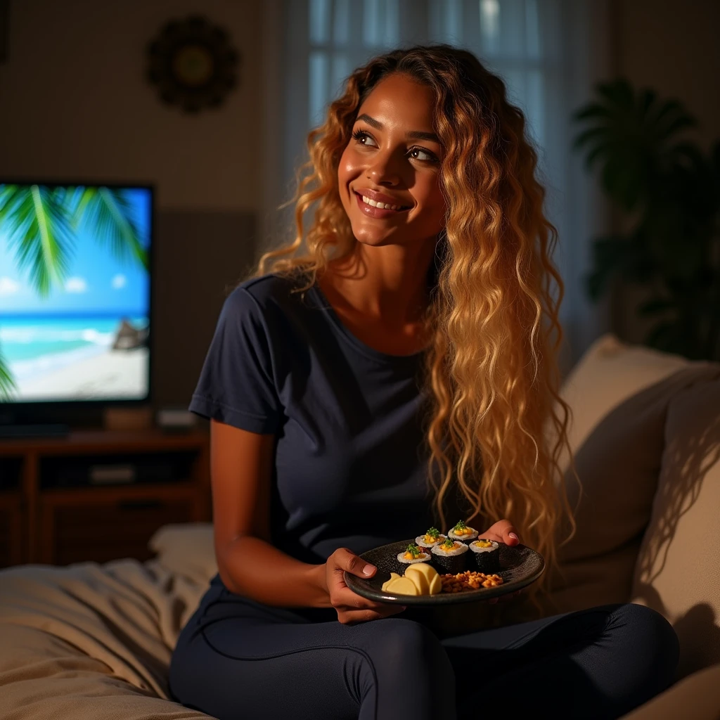Palm shadow on the face, Very long Curly hair blond, Toffee color skin, beautiful caribean toffee mixed girl with long blond curly hair and extremely detailled clear yellow eyes , A pretty young woman eats sushi in front of the television sitting on the nude sofa in her living room, she wears a dark blue T-shirt and a dark blue leggings, night