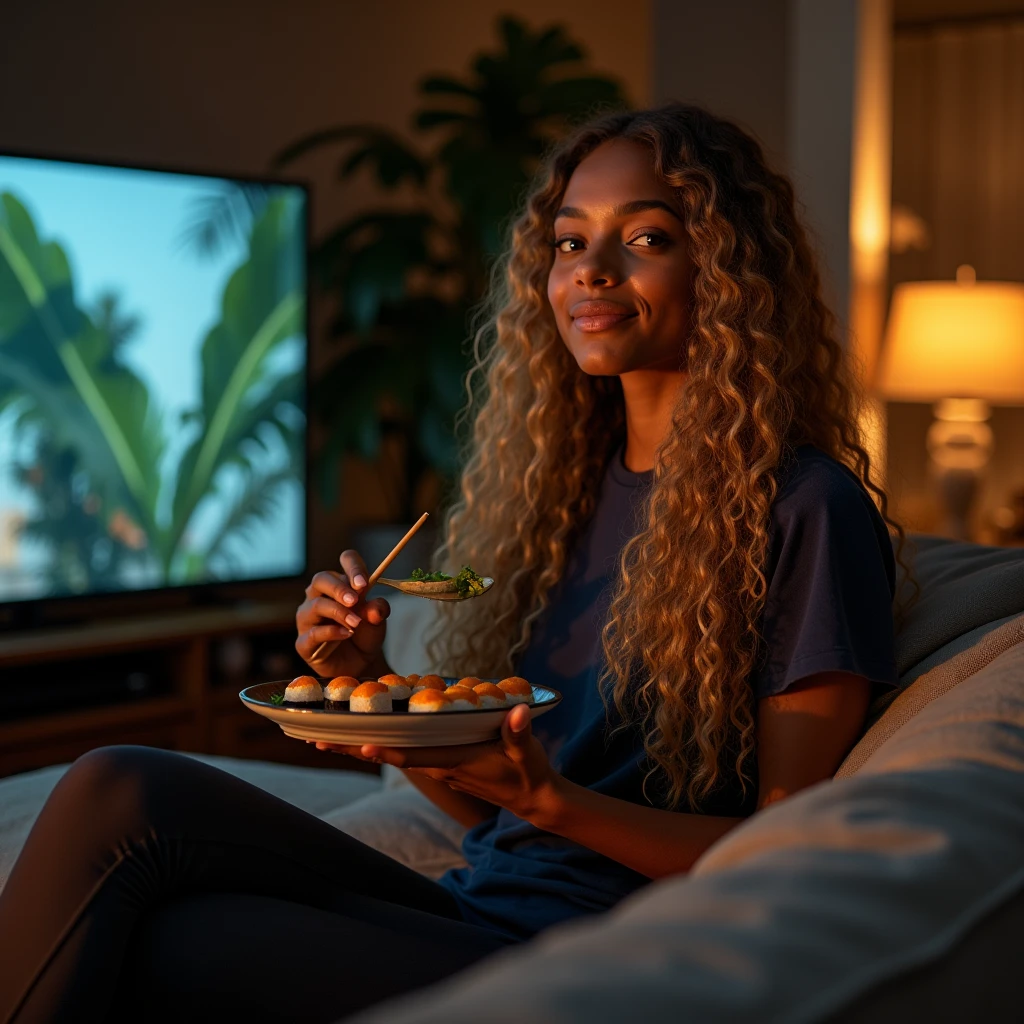 Palm shadow on the face, Very long Curly hair blond, Toffee color skin, beautiful caribean toffee mixed girl with long blond curly hair and extremely detailled clear yellow eyes , A pretty young woman eats sushi in front of the television sitting on the nude sofa in her living room, she wears a dark blue T-shirt and a dark blue leggings, night