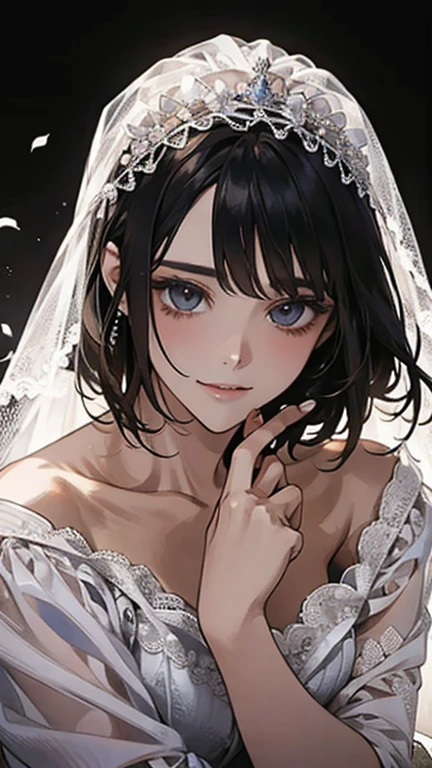 wedding,Bride in white wedding dress holding flowers,Smile,Perfect face,Black Hair,Perfect face,Full body portrait