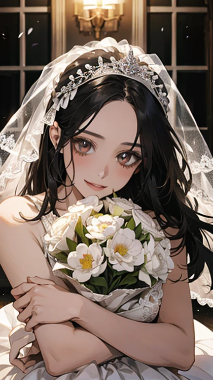 wedding,Bride in white wedding dress holding flowers,Smile,Perfect face,Black Hair,Perfect face,Full body portrait
