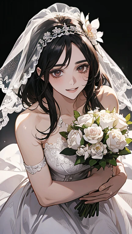 wedding，Bride in white wedding dress holding flowers，Smile，Perfect face，Black Hair，Perfect face，Full body portrait