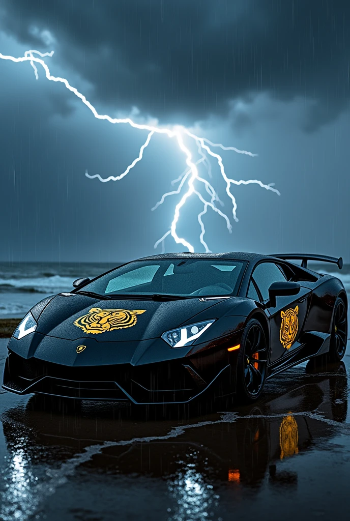  Black Lamborghini with gold tiger stickers In an ocean background and a lightning sky and dark water rain and a dark black sky 