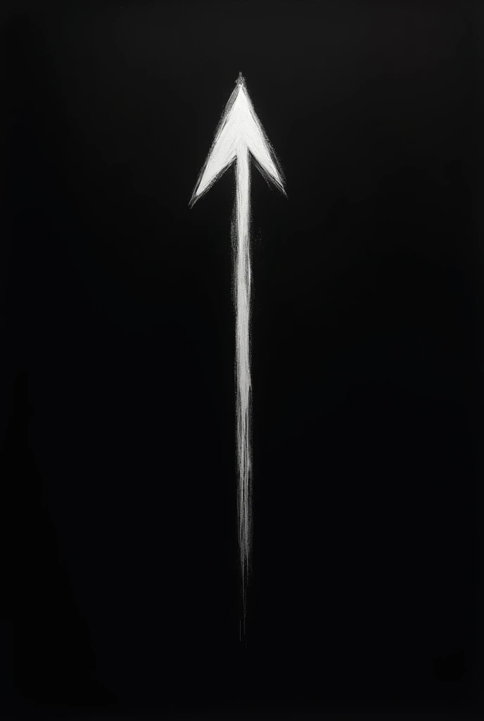 A single arrow painted in drizzled white as if drawn in graphite from top to bottom. And the black background