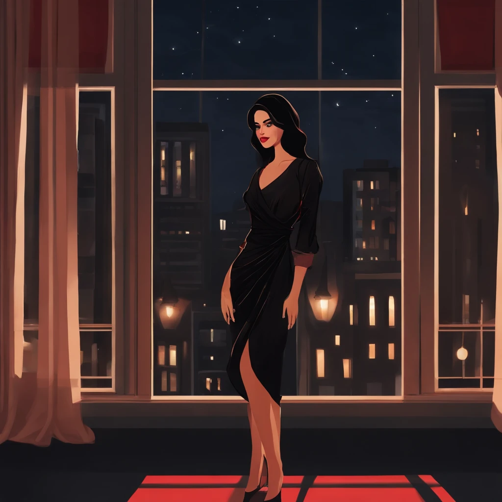 Young girl dressed in a sexy black dress, being held by the waist by a red-eyed boy, black hair, dressed in a black shirt with sleeves. While they are in a luxurious apartment and look out the giant window at night