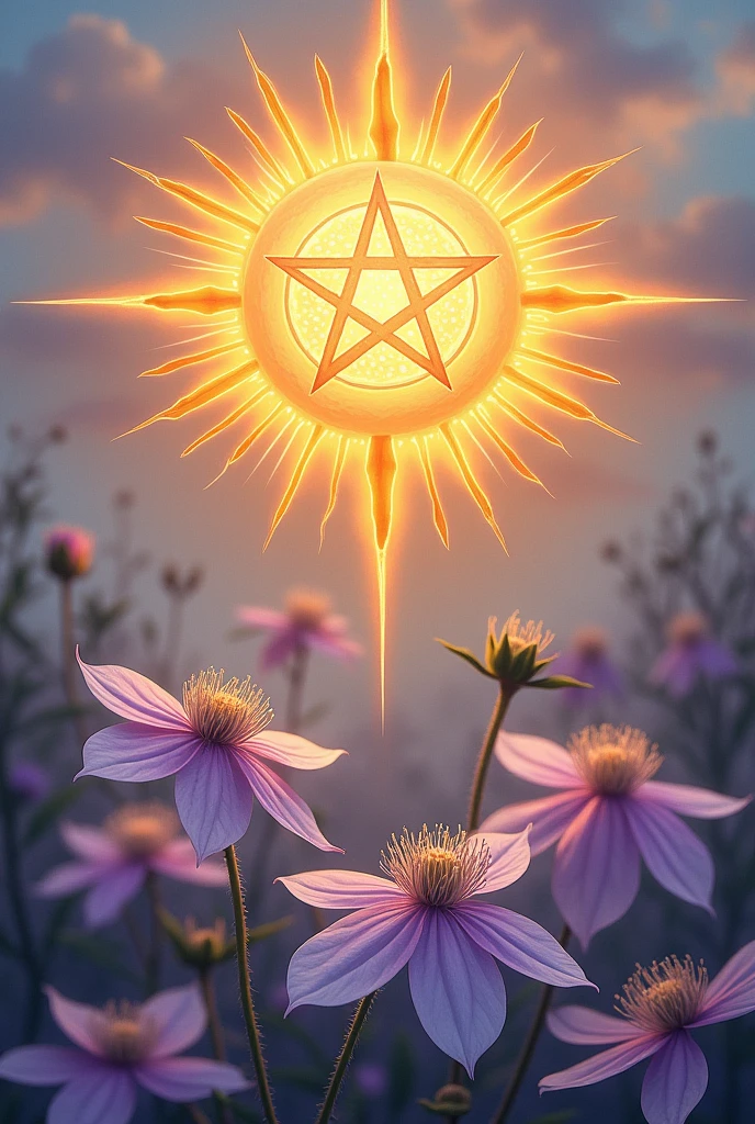 A sun with a pentagram in the center and clematis flowers below with a slant towards the sun.