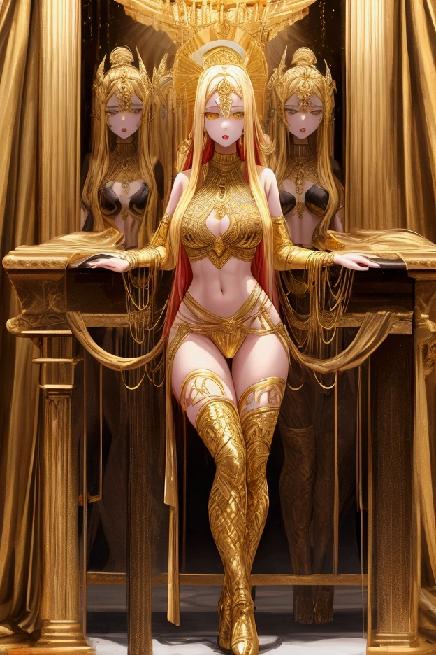 young girls. shiny gold floor. in a sarcophagus . yellow eyes red lips long golden hair . archaeological clothing sexy tall bodies athletic slim waist medium breasts medium buttocks
