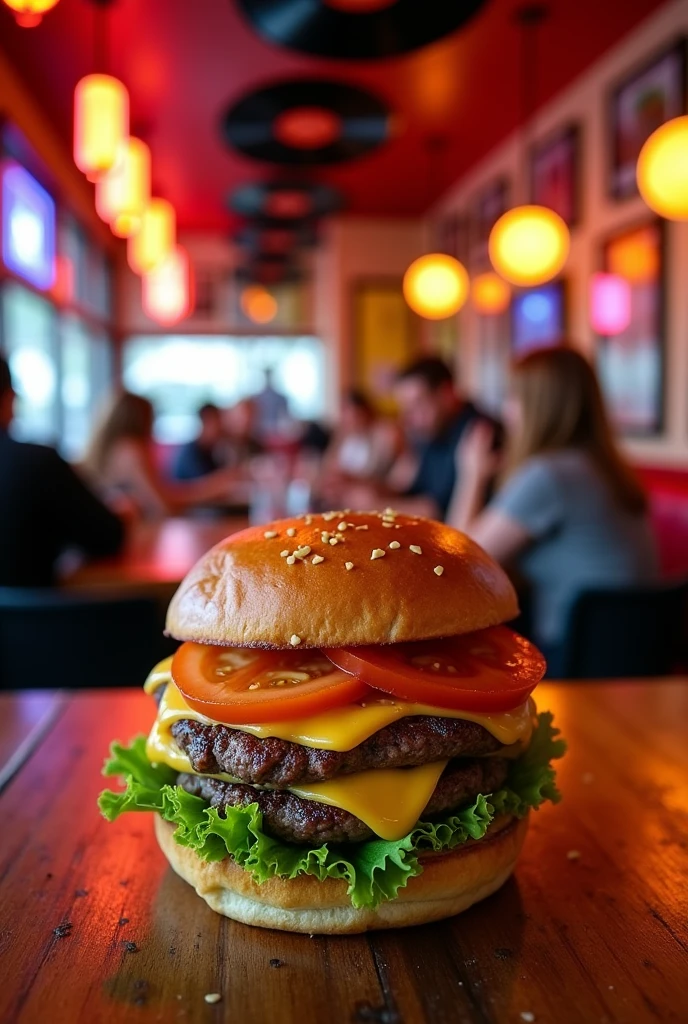 Create an image with a burger to sell at a burger joint called rock donalds com.briche bread without sesame seeds and without pickles without double burger