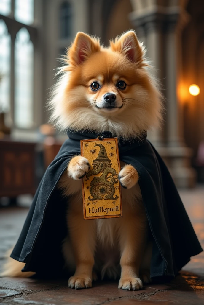 Beige German Spitz dog at Hogwarts wearing black Hufflepuff house uniform cloak holding Marauder&#39;s map