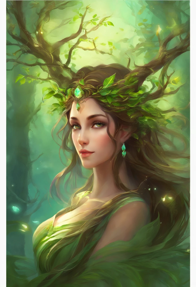 mala tree,beauty,Mild,Benevolent World Tree Goddess Gaia,Clear regulations,Fairy ears,Long flowing brown hair,Large Breasts,thin waist,Wearing a green leafy fluffy skirt,leaning on branches,