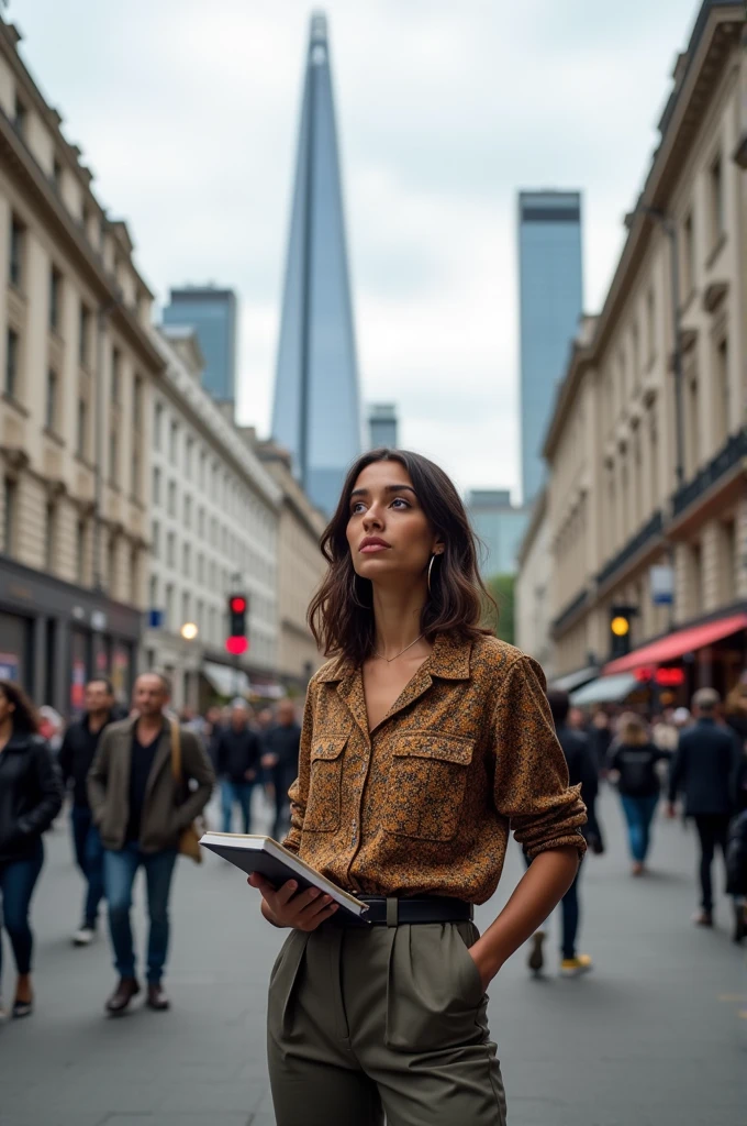 A Brazilian female journalist in London looking at the horizon, photo by full body