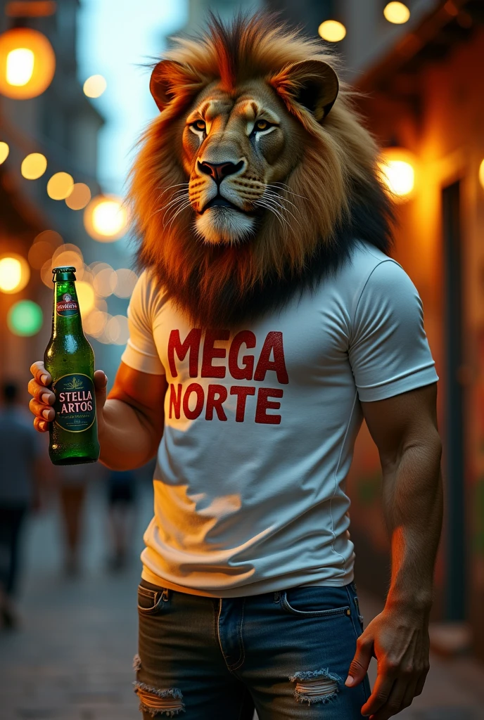 Create a figure of a strong lion with a closed face, white t-shirt with the words MEGA NORTE written on it and holding a green STELLA ARTOIS beer