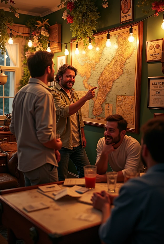 The scene is a lively party in a casually and cozy decorated room.. No centro da ação está um indivíduo representando o signo de Sagittarius, known for his adventurous energy and spontaneous spirit.
**The image shows:**
- **Sagittarius** is in the middle of the room, with an enthusiastic smile and an infectious attitude. They are holding an ancient and detailed map of the world, that is attached to a wall, and pointing to various locations with an animated gesture. A group of guests around are attentive, with expressions of curiosity and amusement, as they excitedly discuss their next big trip.
- **In another corner of the room**, there is a table with several items and clues scattered around, indicating the beginning of a crazy treasure hunt. People are divided into teams, looking for clues and having fun with the competition.
- **There is also a group** gathered with an open suitcase, perhaps suggesting an unexpected trip to a nearby town. Some guests are starting to prepare for the adventure, while others excitedly discuss the new bar they want to visit.
- **The party atmosphere** is relaxed, with simple decorations and a touch of adventure. There are travel maps and exploration-related accessories around, reinforcing the theme of adventure and discovery.
A imagem captura a essência da espontaneidade e do espírito aventureiro de Sagittarius, making the party a dynamic and unforgettable event.