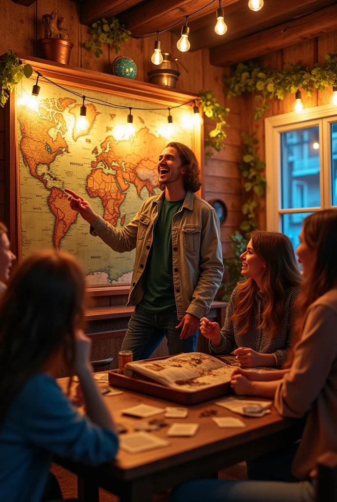 The scene is a lively party in a casually and cozy decorated room.. No centro da ação está um indivíduo representando o signo de Sagittarius, known for his adventurous energy and spontaneous spirit.
**The image shows:**
- **Sagittarius** is in the middle of the room, with an enthusiastic smile and an infectious attitude. They are holding an ancient and detailed map of the world, that is attached to a wall, and pointing to various locations with an animated gesture. A group of guests around are attentive, with expressions of curiosity and amusement, as they excitedly discuss their next big trip.
- **In another corner of the room**, there is a table with several items and clues scattered around, indicating the beginning of a crazy treasure hunt. People are divided into teams, looking for clues and having fun with the competition.
- **There is also a group** gathered with an open suitcase, perhaps suggesting an unexpected trip to a nearby town. Some guests are starting to prepare for the adventure, while others excitedly discuss the new bar they want to visit.
- **The party atmosphere** is relaxed, with simple decorations and a touch of adventure. There are travel maps and exploration-related accessories around, reinforcing the theme of adventure and discovery.
A imagem captura a essência da espontaneidade e do espírito aventureiro de Sagittarius, making the party a dynamic and unforgettable event.