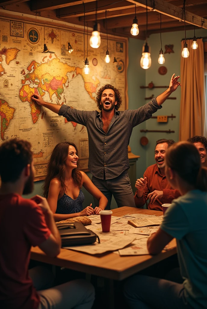 The scene is a lively party in a casually and cozy decorated room.. No centro da ação está um indivíduo representando o signo de Sagittarius, known for his adventurous energy and spontaneous spirit.
**The image shows:**
- **Sagittarius** is in the middle of the room, with an enthusiastic smile and an infectious attitude. They are holding an ancient and detailed map of the world, that is attached to a wall, and pointing to various locations with an animated gesture. A group of guests around are attentive, with expressions of curiosity and amusement, as they excitedly discuss their next big trip.
- **In another corner of the room**, there is a table with several items and clues scattered around, indicating the beginning of a crazy treasure hunt. People are divided into teams, looking for clues and having fun with the competition.
- **There is also a group** gathered with an open suitcase, perhaps suggesting an unexpected trip to a nearby town. Some guests are starting to prepare for the adventure, while others excitedly discuss the new bar they want to visit.
- **The party atmosphere** is relaxed, with simple decorations and a touch of adventure. There are travel maps and exploration-related accessories around, reinforcing the theme of adventure and discovery.
A imagem captura a essência da espontaneidade e do espírito aventureiro de Sagittarius, making the party a dynamic and unforgettable event.