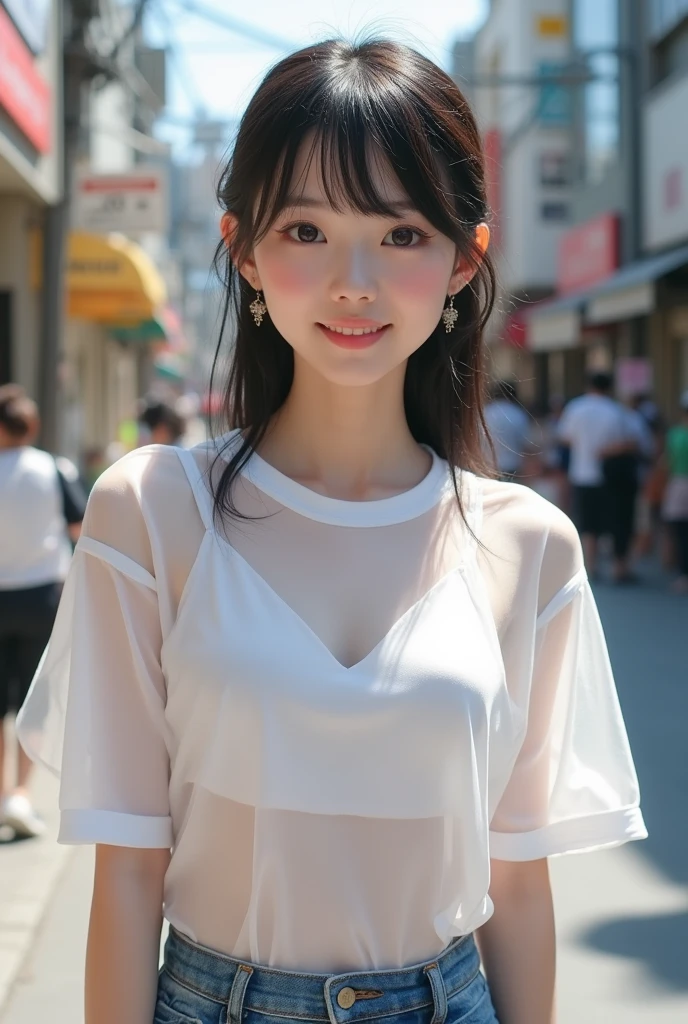 1 Japanese beautiful girl, ((Transparent white T-shirt:1.2, denim pants)), ((White T-shirt that is wet and see-through:1.4, ??????  is sheer)), (wet body:1.7),18yo girl, Super beautiful detailed face, (smile:1.4), earrings, (various hair style:1.4, bangs), cowboy shot, (small breast:1.4, chubby body), (neutral-colored small areola), nude, ?????, BREAK, masterpiece, best quality, ultra quality, high quality, realistic, photo realistic, RAW photo, hyper detailed, intricate detaile, (crowded street:1.4),