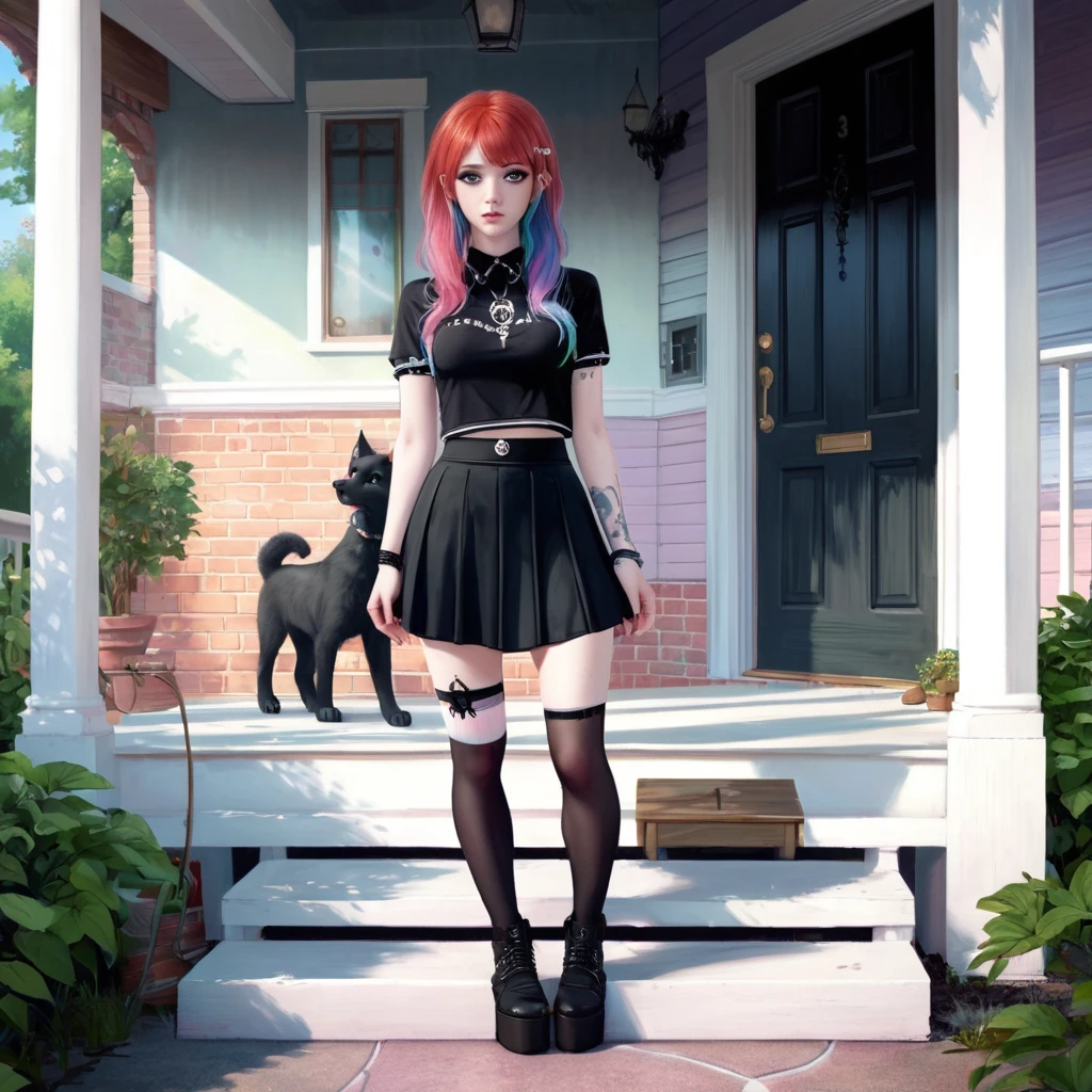 front porch of suburban house, pastel goth, sexy goth girl, photo of cute 20 year old Italian redhead women, bare foot, short skirt, standing, full body picture, no lipstick, cinematic shot, photorealistic, cute face, looking at the viewer, photography, white rainbow hair, detailed skin, sexy goth girl, face blush. Realistic, perspective, religious or mythological themes, highly detailed