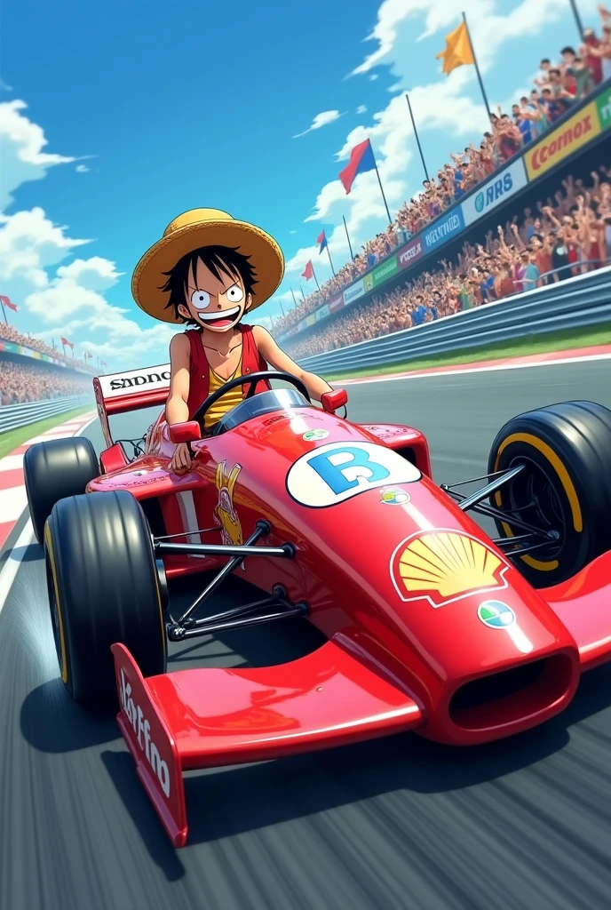 Luffy from the anime One Piece driving Ayrton Senna's Formula 1 Mclaren