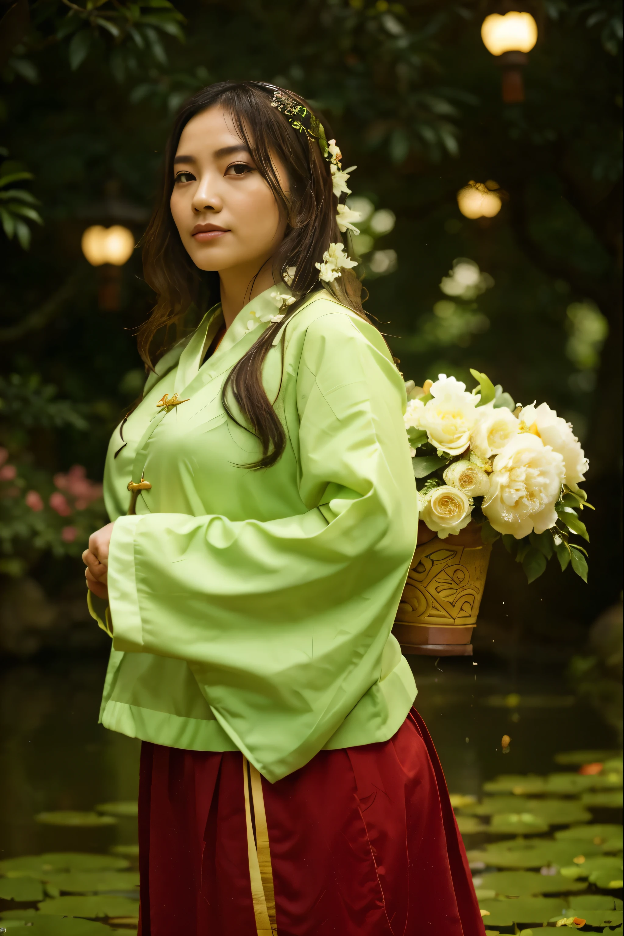 (Best quality, 8k, 32k, Masterpiece, UHD:1.2) "Transform the setting into a serene garden nestled within the palace of Ancient China. Envision traditional Chinese architecture surrounding the garden, with intricately carved wooden beams and ornate roofs adorned with upturned eaves. The garden itself is a tranquil oasis, filled with meticulously arranged plants, including bamboo groves, bonsai trees, and vibrant peonies in full bloom. A calm, reflective pond occupies the center, with koi fish swimming beneath the surface and a stone bridge arching gracefully over it. Lanterns hang delicately from the trees, casting a soft, warm glow. In the distance, a pagoda stands tall, partially hidden by the lush greenery. The air is filled with the faint scent of jasmine and the sound of rustling leaves, creating a peaceful and harmonious atmosphere, reminiscent of the imperial gardens of Ancient China's royal palaces."