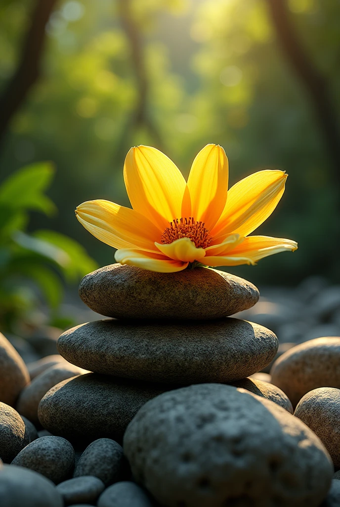 golden flower sitting on a pile of rocks


