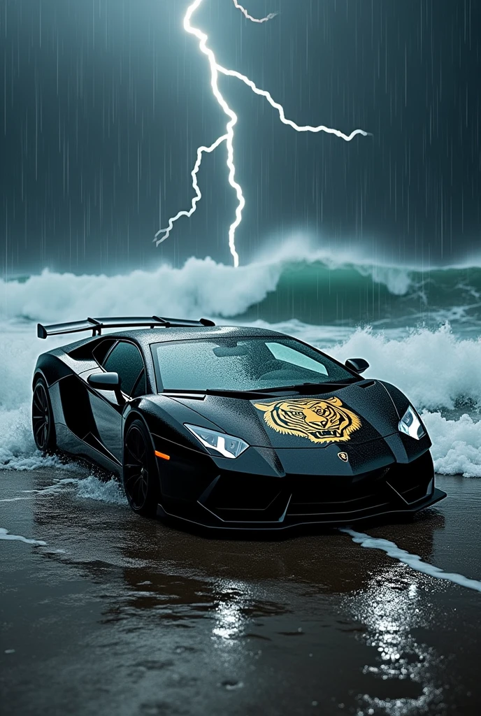 In a circle black Lamborghini with gold tiger stickers In an ocean background and a sky in lightning and dark water rain and a dark black sky