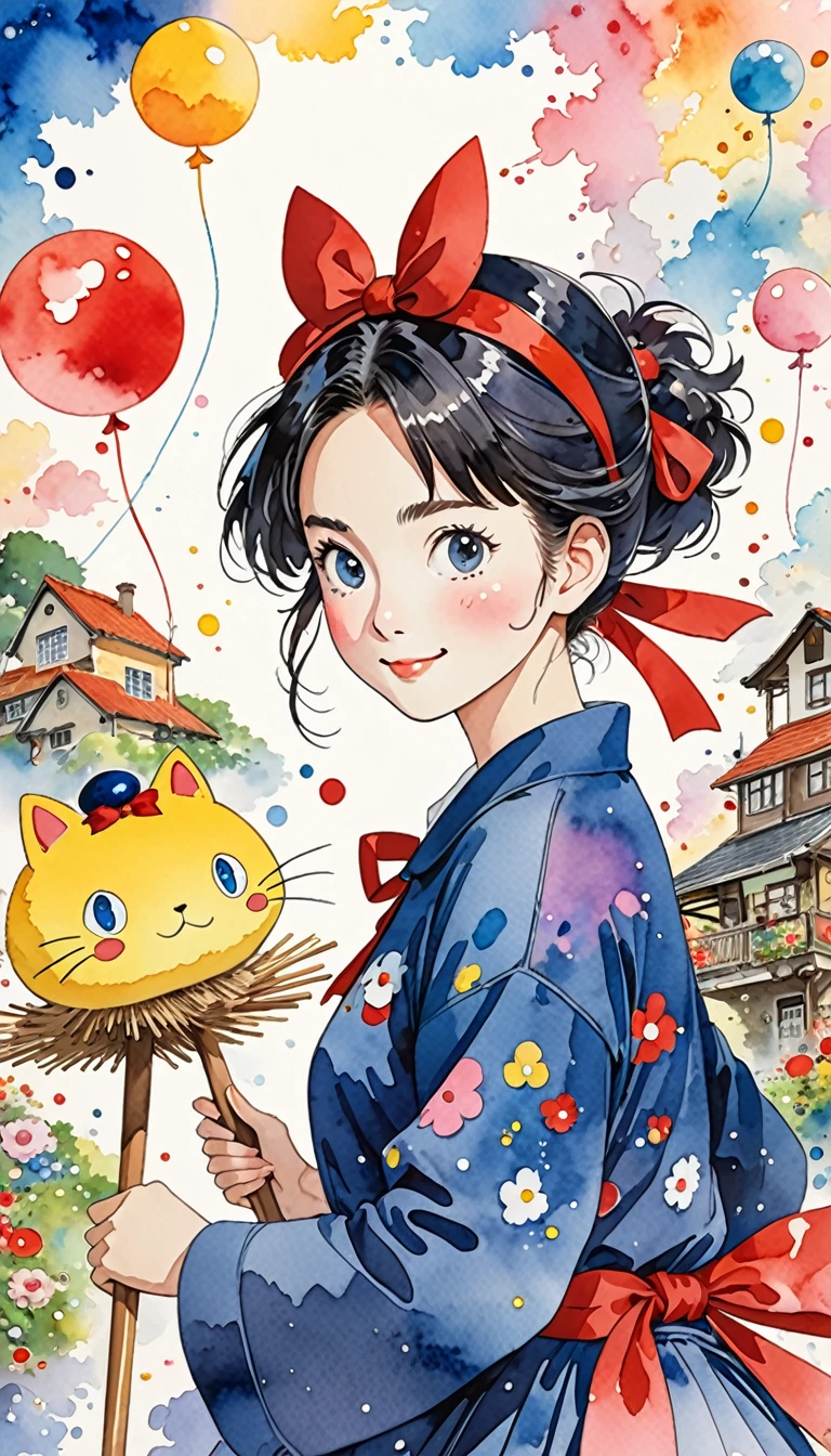 Takashi Murakami Style、(((conservative fashion))), 8K Quality、Intense watercolor, Detailed watercolor art, Watercolor splash, Surreal, avant-garde pop art, Beautiful and expressive paintings, Beautiful artwork illustration, Very colorful tones, wonderful, Cool beauty, highest quality、Official Art, Vector art, Stylish design, (((Kiki's Delivery Service1.9))),(((Studio Ghibli))),(((The most beautiful smiling girl on a broom with very large red ribbon on her head1.4))),navy dress, (((flying))),(((highest quality))), HDR, ((detailed)), (((Doodle Art)), ((masterpiece)), ((Super detailed)), (((Stylish))), small black cat,