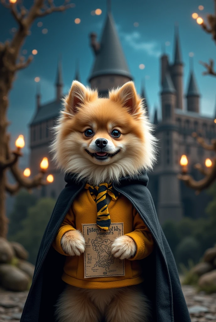 Beige German Spitz dog at Hogwarts wearing black cloak and Hufflepuff house uniform holding Marauder&#39;s map