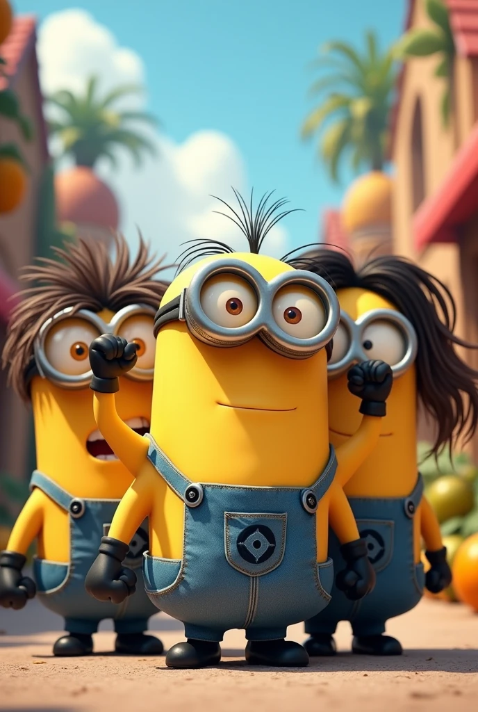 Four muscular minion, one with short, messy dark brown hair, another with long brown hair and another with long black brown hair. That they are super muscular and have a big ass
