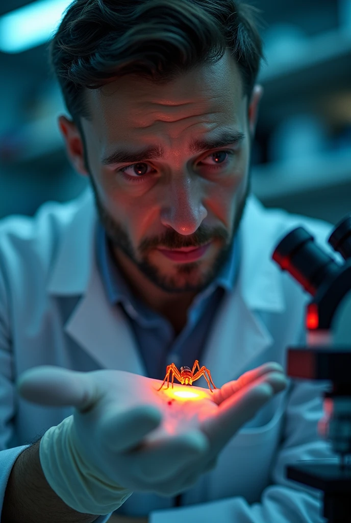 A scientist in a meticulously organized lab, his eyes widened in astonishment as he looks down at his hand. His hand is enveloped by a glove, but a small tear reveals the skin underneath, reddened and swollen where a spider has just bitten him. The spider itself is radiant with an eerie glow, emphasizing its recent exposure to an unknown substance. The creature's fangs are still embedded in his flesh, and a single bead of venom shines on the tip of one fang. The man's other hand is poised over the microscope lens, a slide with the glowing spider's sibling specimens already in place. The microscope's light casts stark shadows across his focused face, highlighting the beads of sweat on his furrowed brow. The background is a blur of lab equipment and notes, emphasizing the urgency of the moment. His gaze is fixed on the microscope, as if he's just made a discovery that has profound implications for his experiment and potentially for himself. The caption could read, "A serendipitous twist: the researcher becomes the subject," hinting at the unforeseen turn of events that has transformed his routine study into a personal crisis and potential breakthrough.