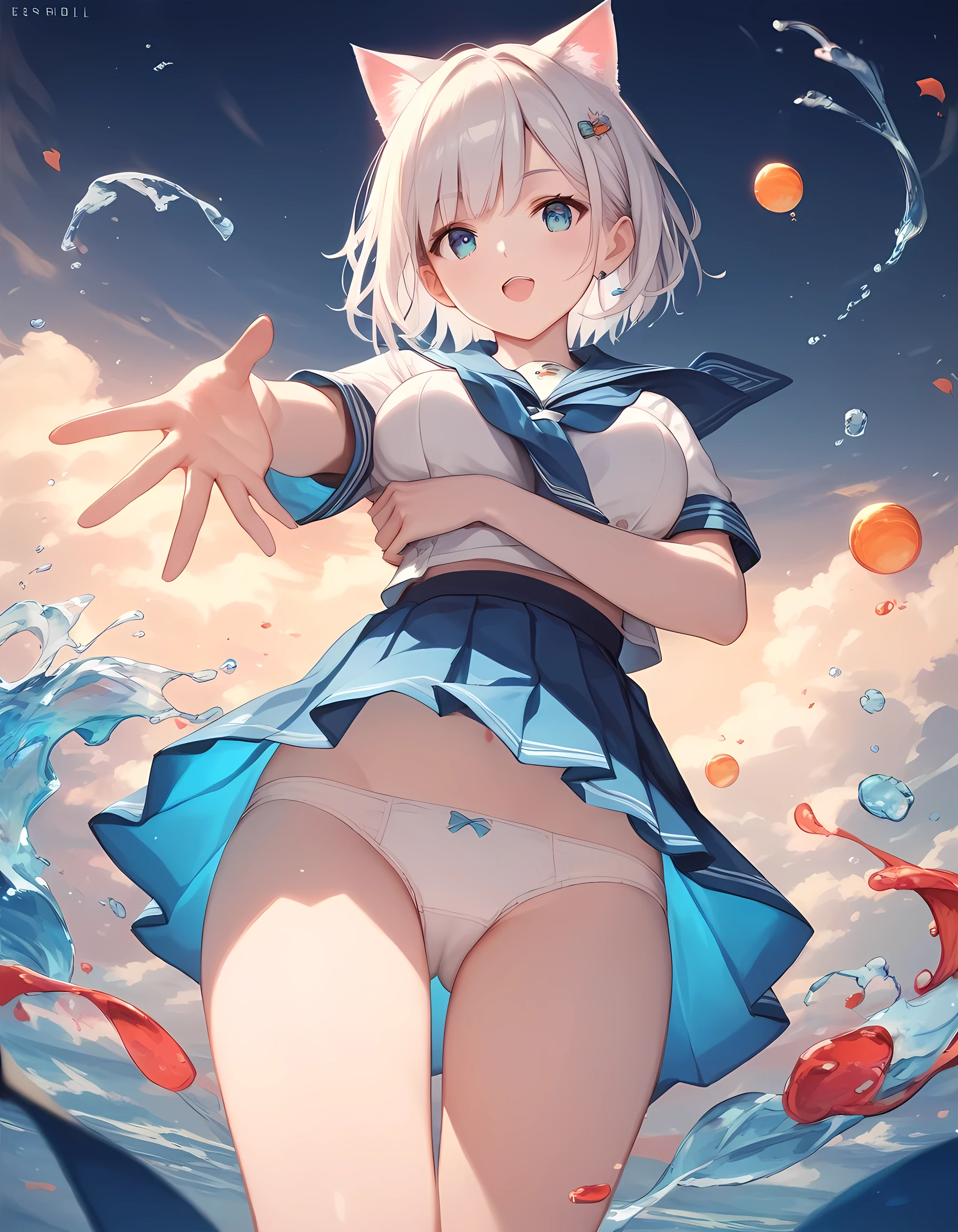 score_9, score_8_superior, score_7_superior, masterpiece, best quality, absurdres, high_fidelity, vibrant, sauce_anime, evaluation_Safety, rating_explicit, White haired cat ear girl, Straight, Viewer Perspective, Reaching out, Adorable, Sailor suit, white panties, Cat taill, under breasts, cowboy shot