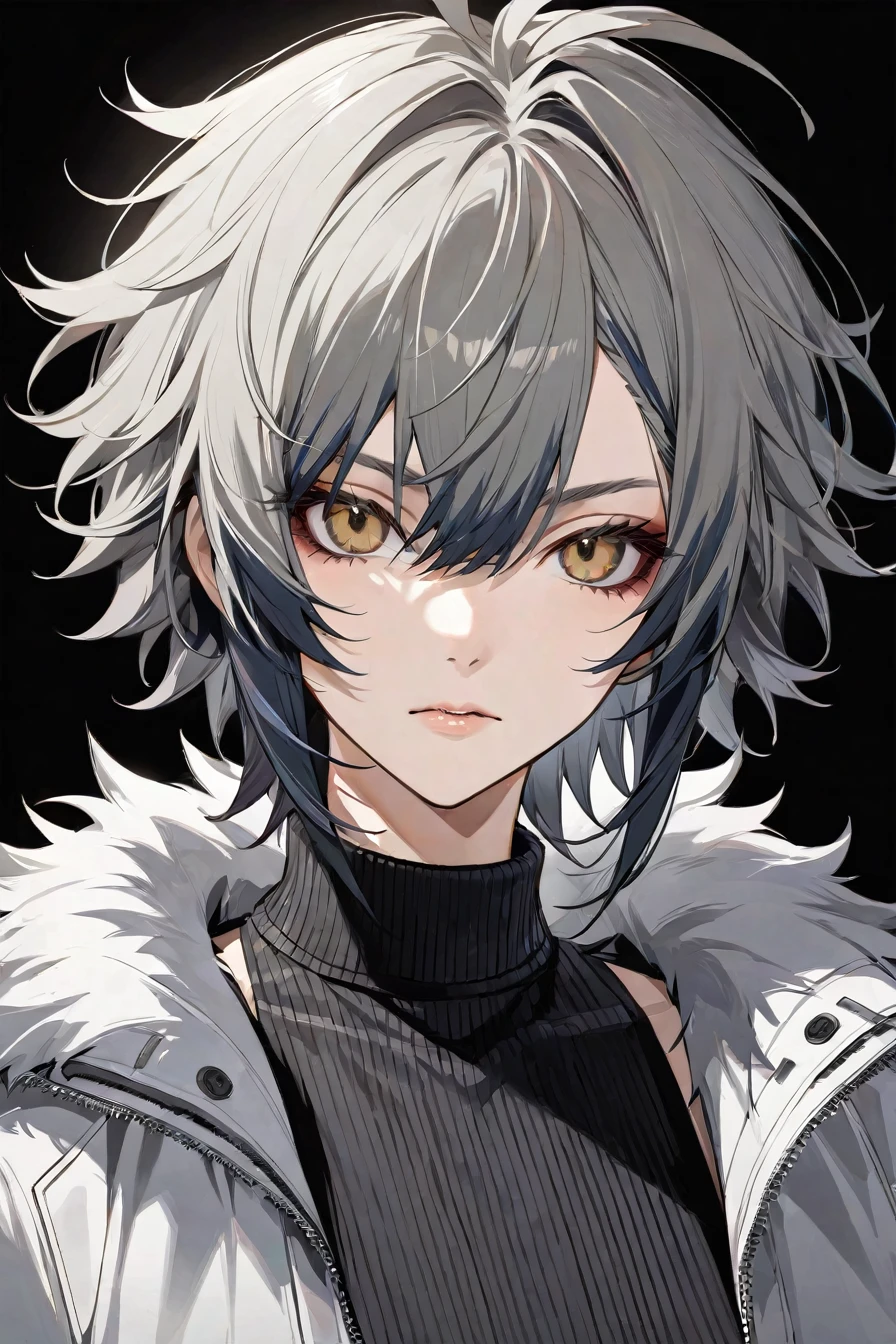 A stylish character with a wolf cut hairstyle: short, choppy layers on the top of the head with longer, shaggy strands falling around the shoulders. The hair has a textured, slightly messy look, with a mix of soft and edgy elements. The character is set against a minimalist background, focusing on the hairstyle’s dynamic, wild appearance