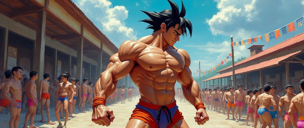 (detailed illustration,Underwear,dragonball z,working outside, academy,bodybuilding academynasium,whole body),(oil painting,outline),(muscular,Athletic,adjusting,intense training),(perspiring,Exhausted,Exercise),(Energetic, dynamic),(colorfully,Vibrant,sharp contrast),(Ablaze, live lighting)